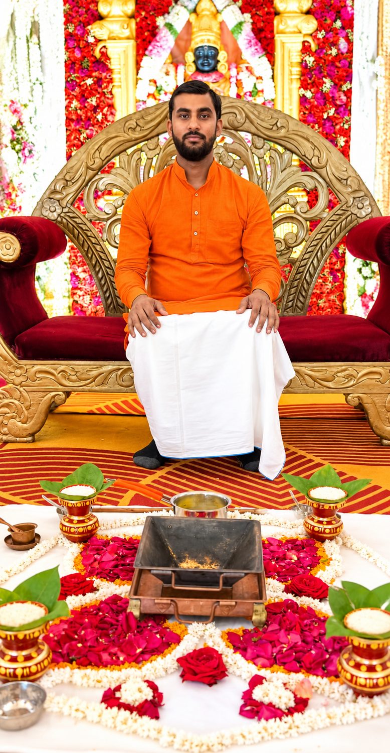 Pandit Umesh Arya seated behind a havan kund with rose petals