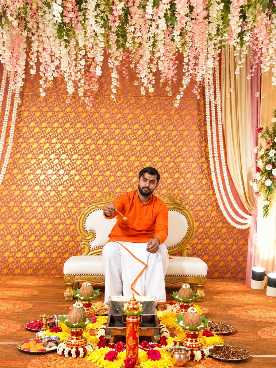 Pandit Umesh Arya offering ahuti at a decorated yagya